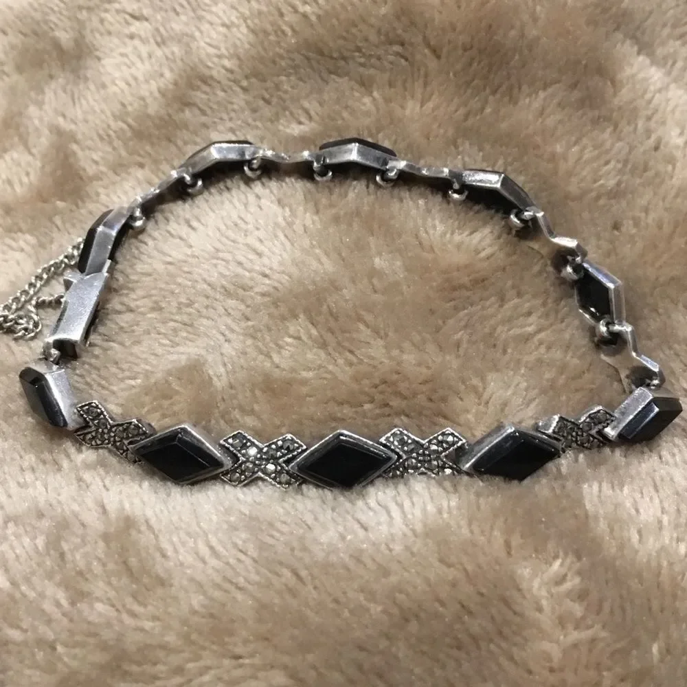 Vintage Black Onyx Marcasite Sterling Silver Tennis Bracelet